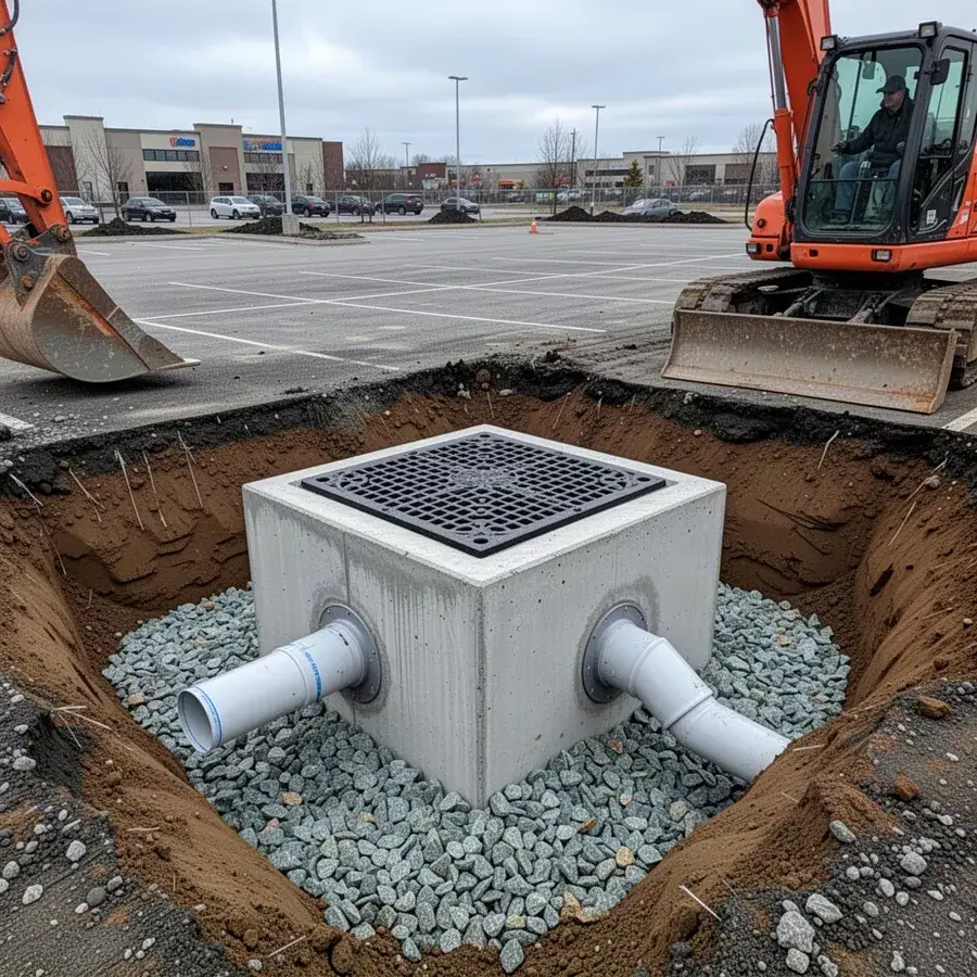 Precast catch basin set in clear stone for parking lot drainage