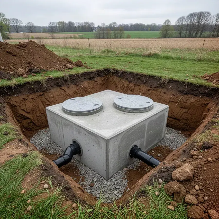 Precast concrete septic tank set level in excavation
