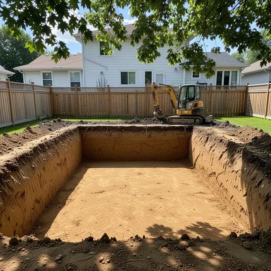 Residential pool excavation in fenced Waterloo Region backyard