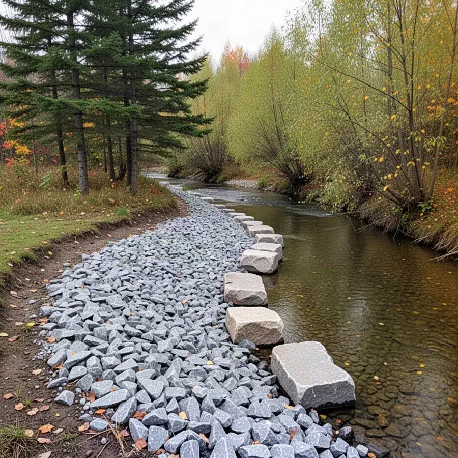 Rip rap and armour stone protecting creek bank