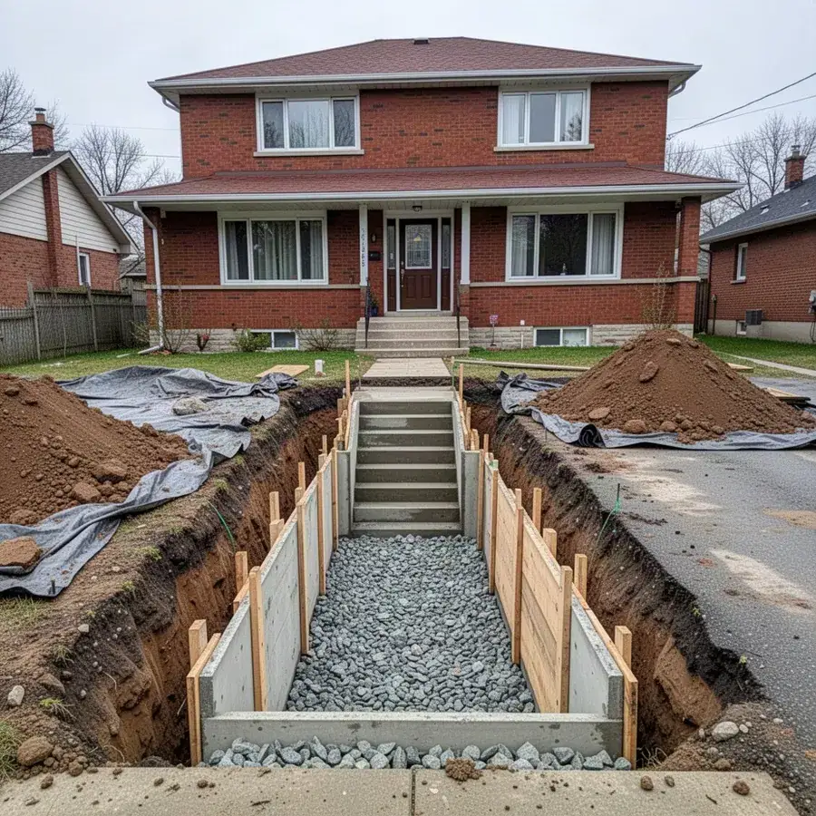 Separate basement entrance stairwell being formed at Kitchener home