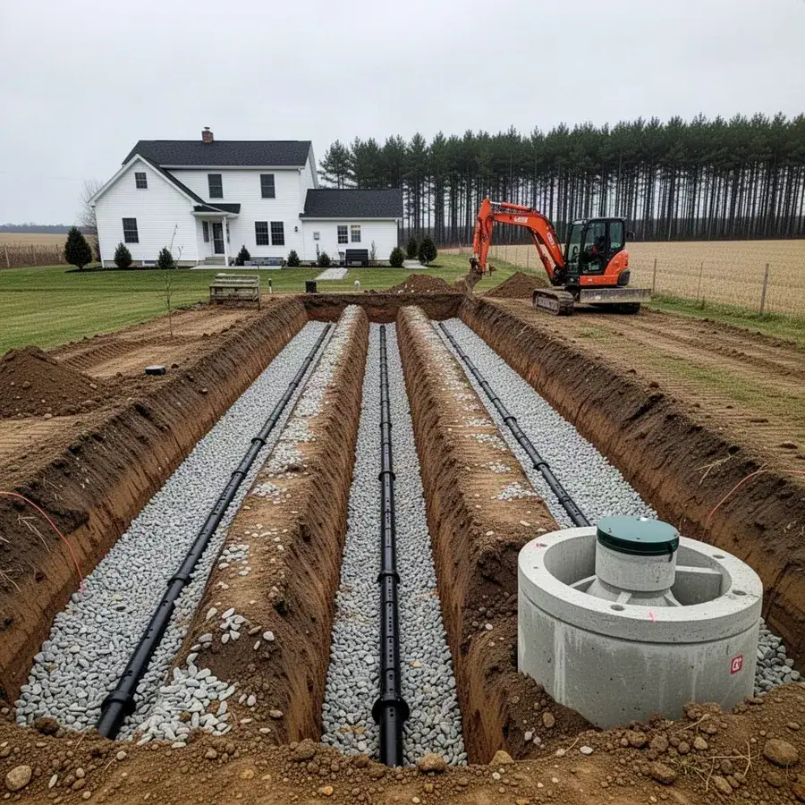 Septic tank and leaching bed trenches on farm near Elmira