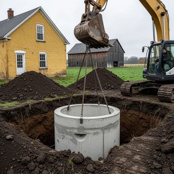 Septic tank set beside farmhouse in rural Wilmot