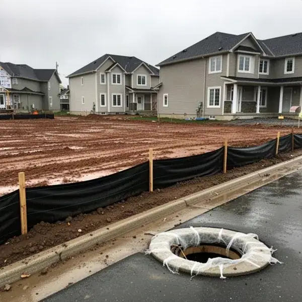 Silt fence along graded construction lot in Kitchener