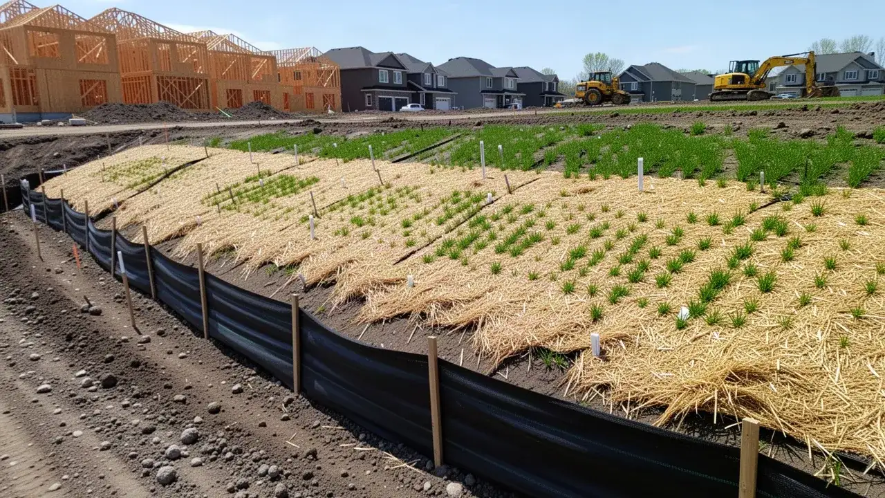 Silt fence and erosion control blanket on Cambridge slope
