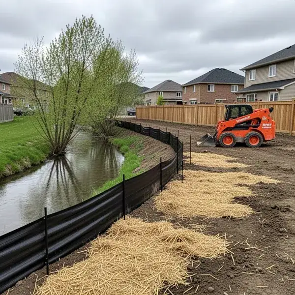 Silt fence protecting creek during Waterloo backyard grading