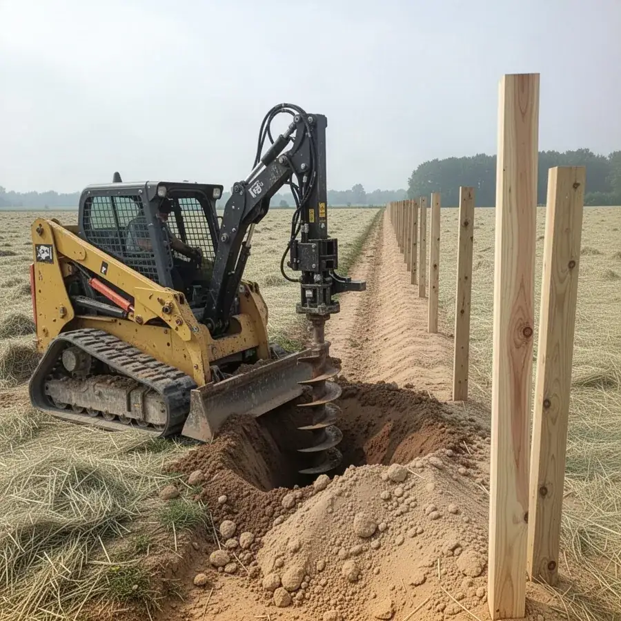 Skid steer auger digging fence post holes on farm field