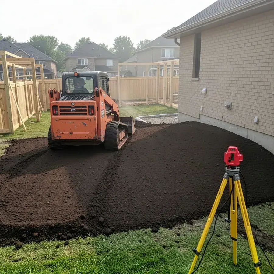 Skid steer finish grading new home lot in Kitchener