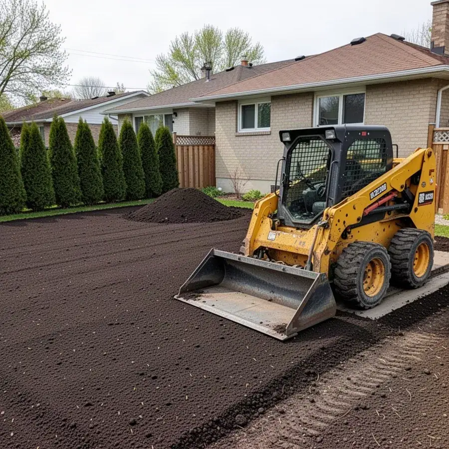 Skid steer spreading topsoil for new backyard lawn