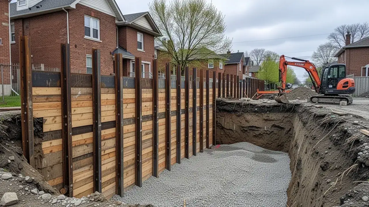 Soldier pile and lagging shoring on Cambridge infill lot