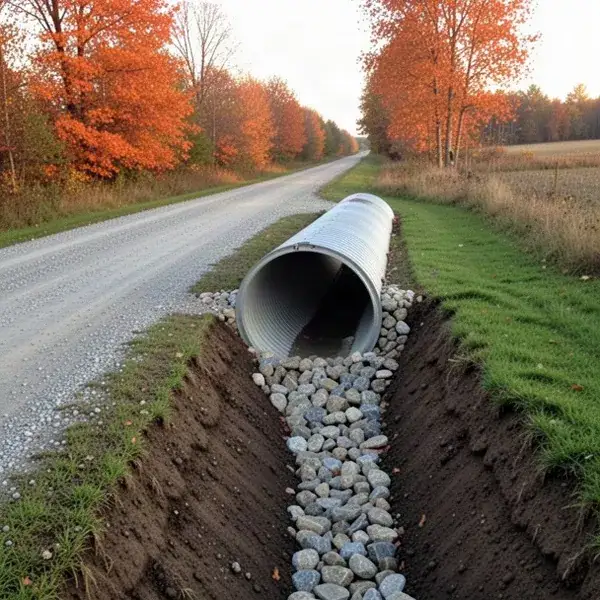 Steel culvert and stone-lined ditch beside rural gravel road