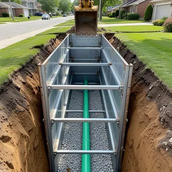 Steel trench box shoring in deep utility excavation