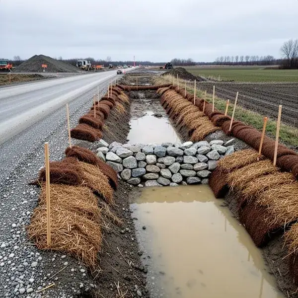 Stone check dam and straw wattles in roadside ditch