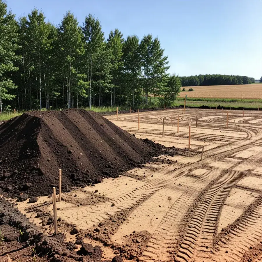Topsoil stockpile beside stripped building lot in Waterloo Region