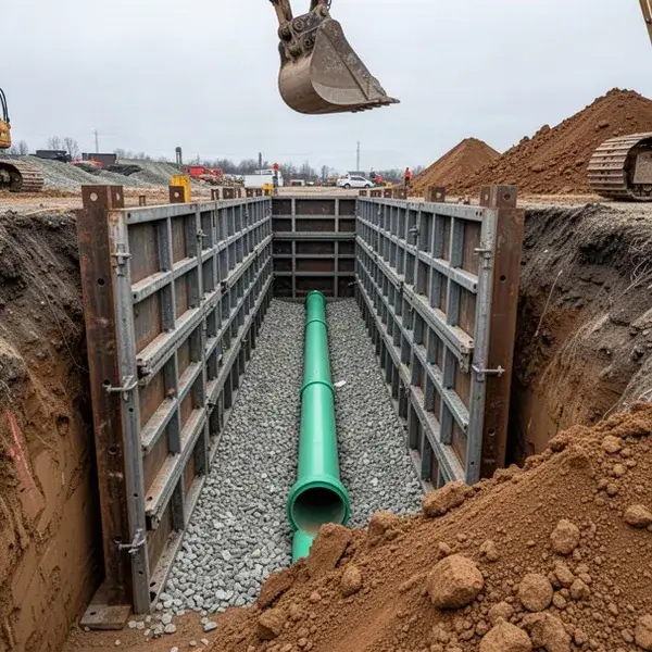 Trench box shoring commercial sewer servicing trench