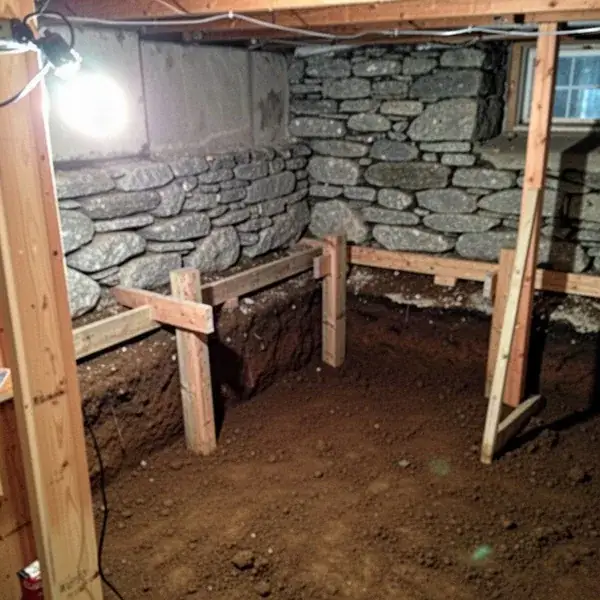 Underpinning dig below limestone rubble wall in Guelph basement