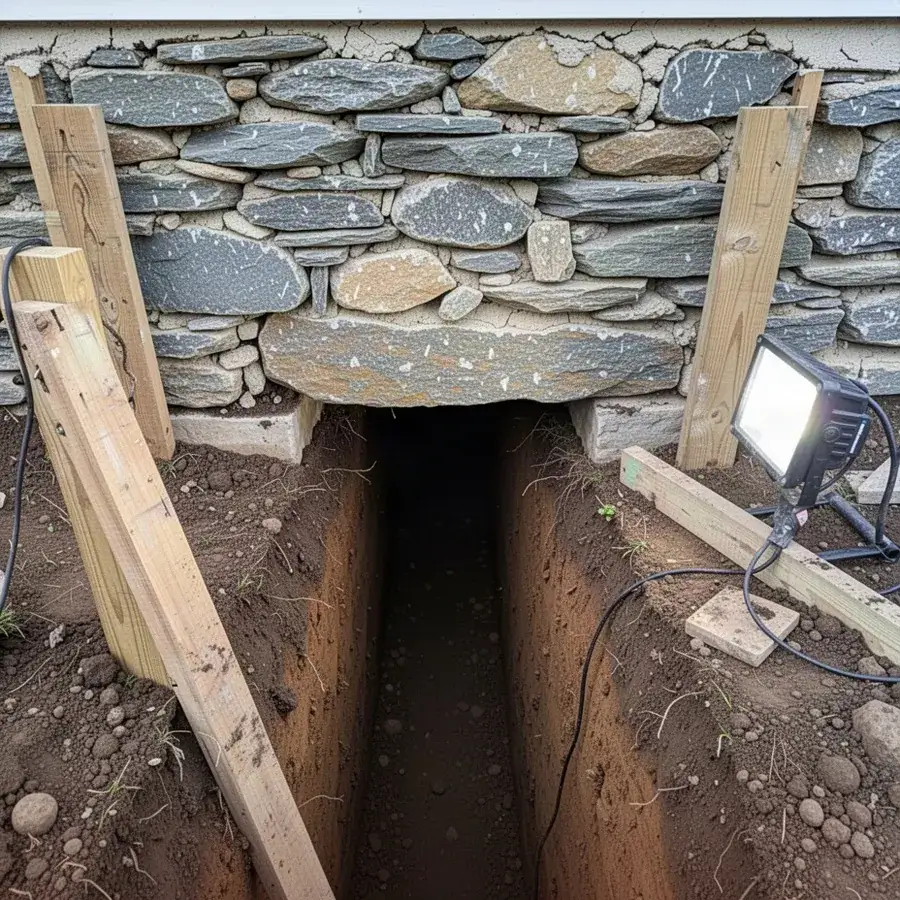 Underpinning section dug beneath fieldstone foundation wall