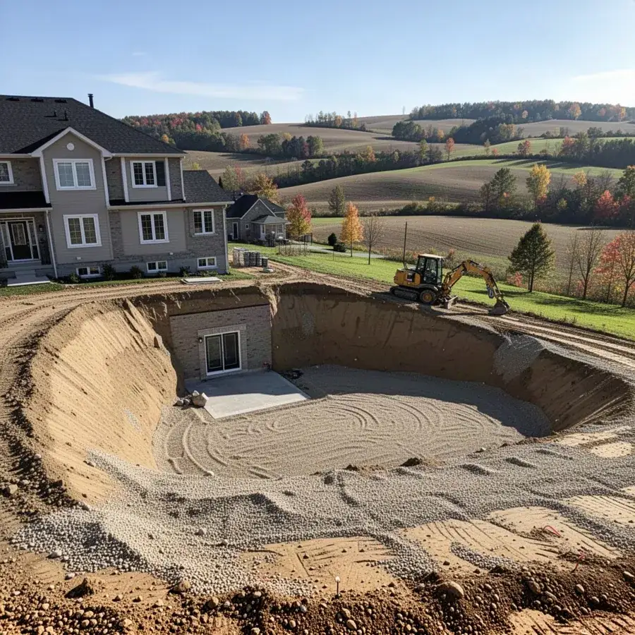 Walkout basement excavation on sloped lot in Baden