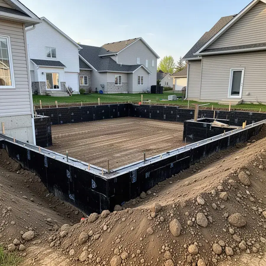 Waterproofed foundation walls ready for backfill in Waterloo Region